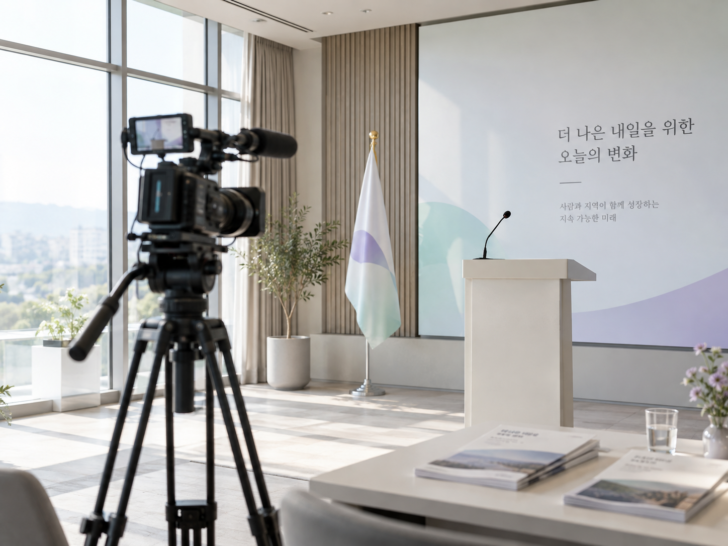 기관 홍보 영상 촬영을 위한 카메라와 연단