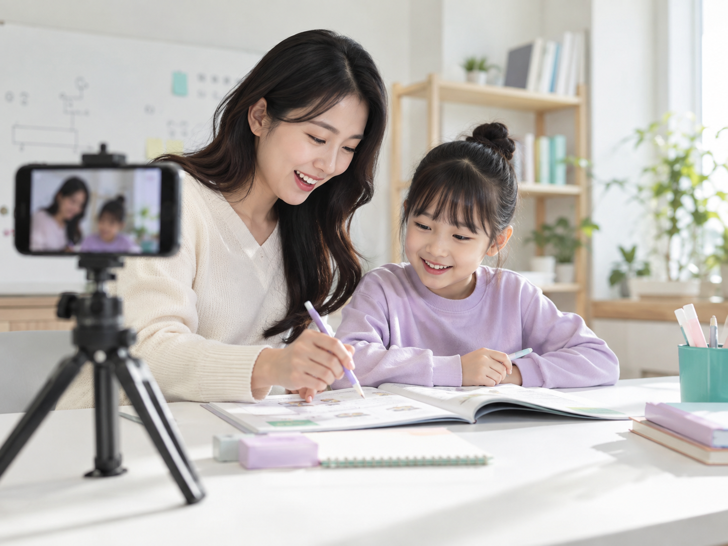 수업 영상을 촬영하며 함께 학습하는 교사와 학생