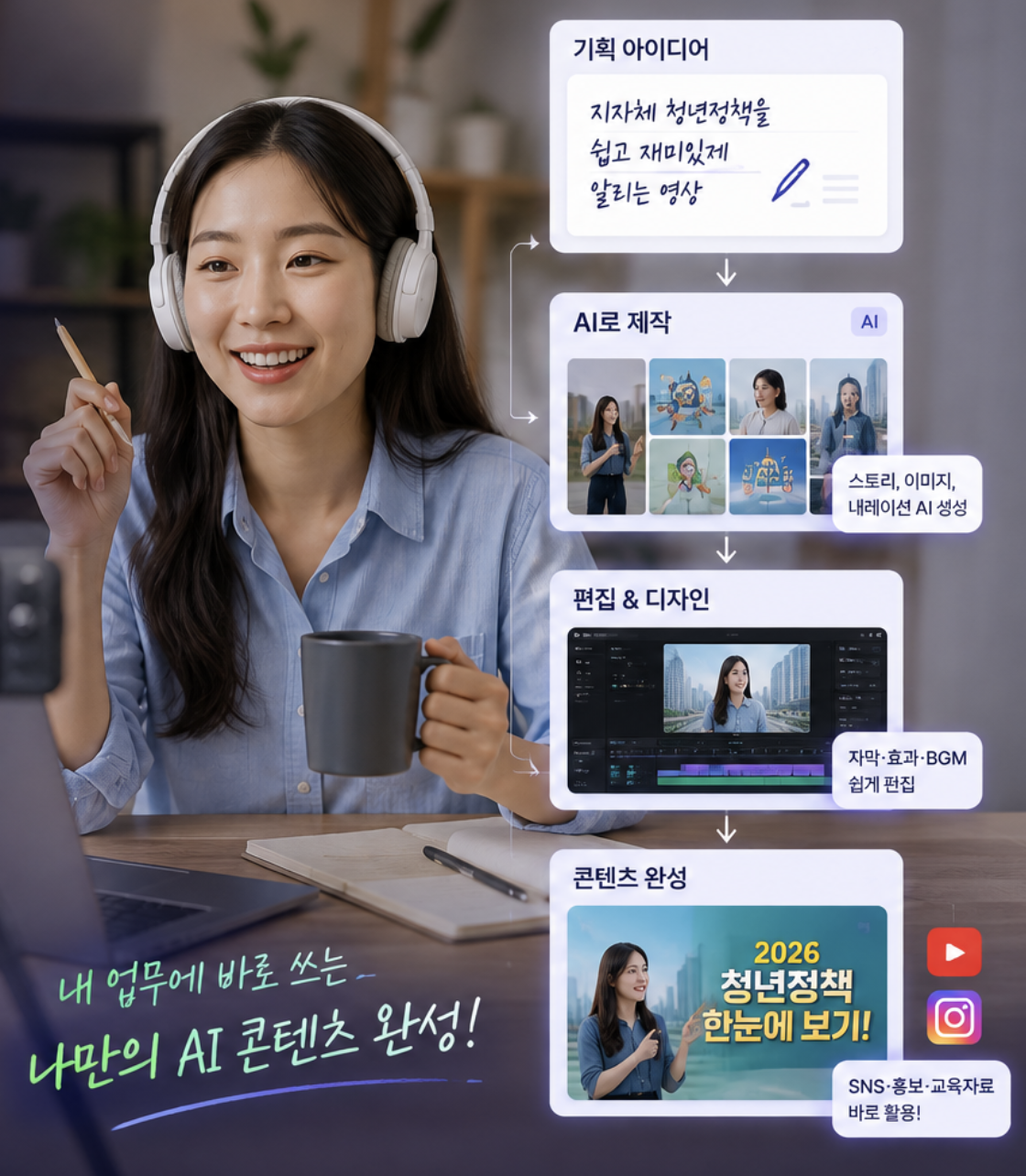 기획부터 AI 제작, 편집과 업무 활용까지 이어지는 콘텐츠 완성 과정 예시