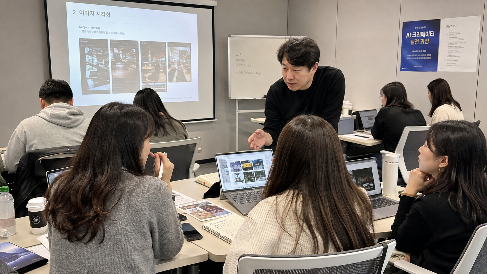 강사가 수강생의 노트북 화면을 보며 콘텐츠 제작을 피드백하는 AI 크리에이터 실습 현장